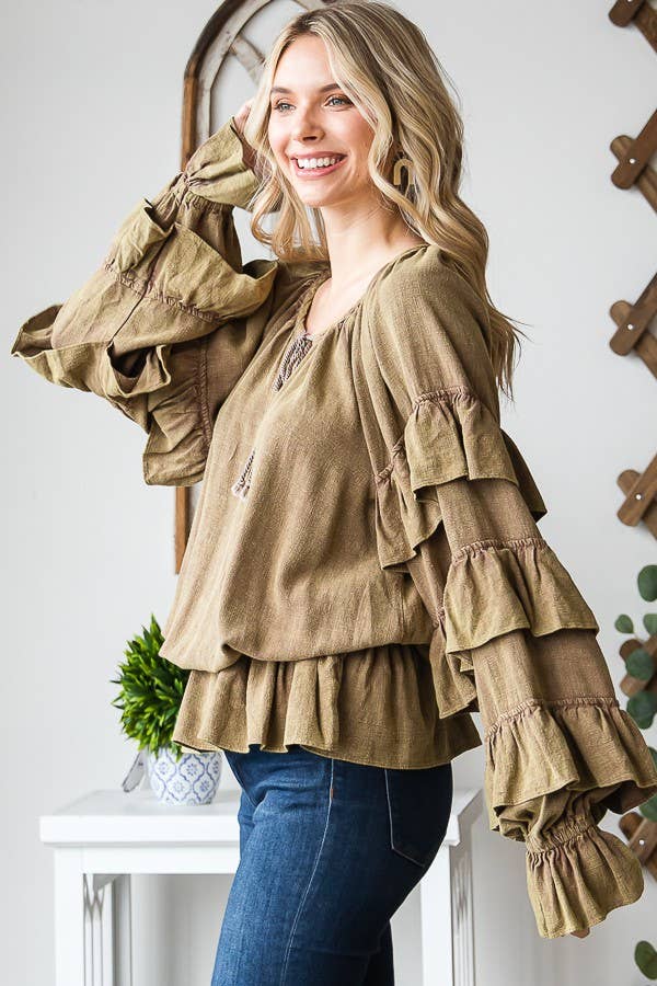 Washed Ruffle Sleeve Peplum Top