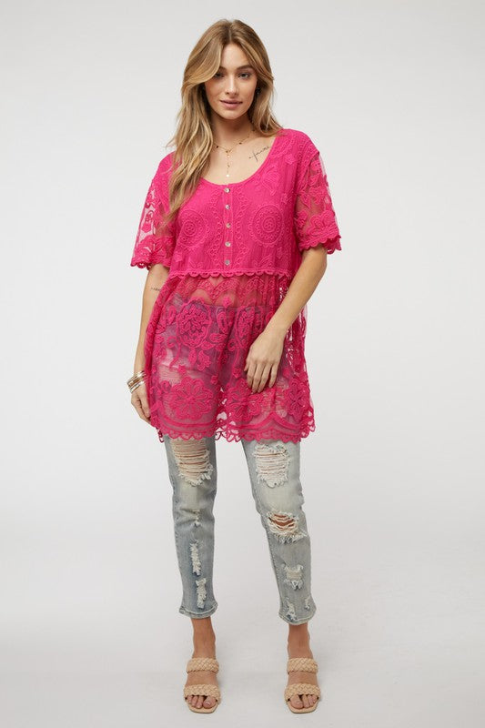 Sheer Crochet Lace Button Cover Up