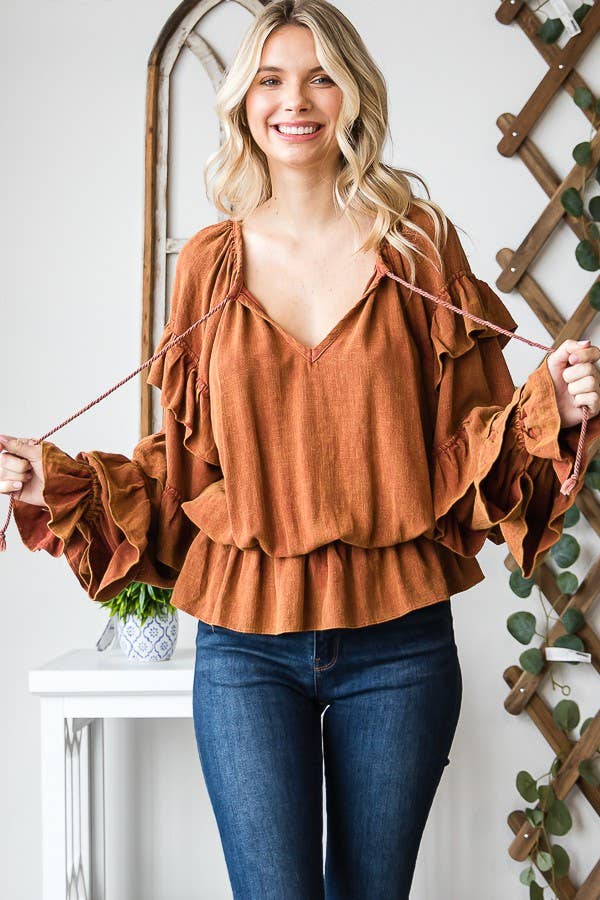 Washed Ruffle Sleeve Peplum Top