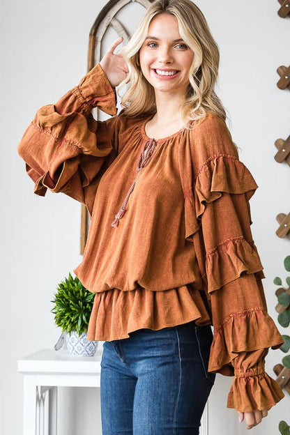 Washed Ruffle Sleeve Peplum Top