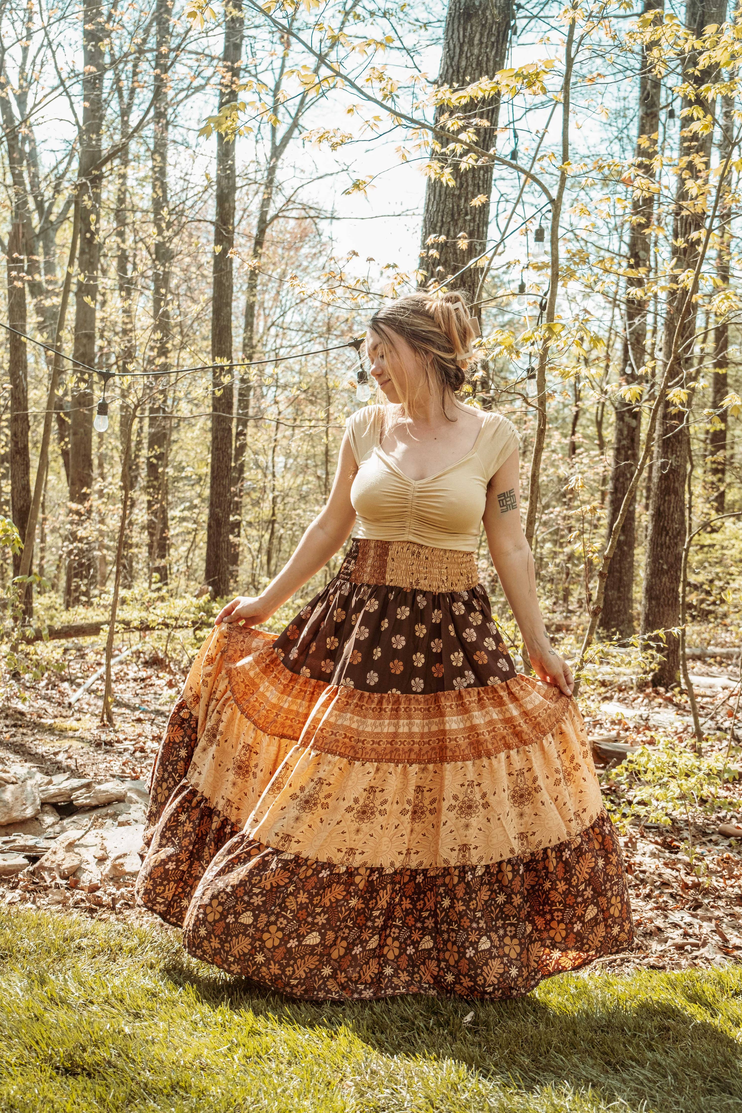 Bohemian Earthy Silk Tiered Maxi Skirt