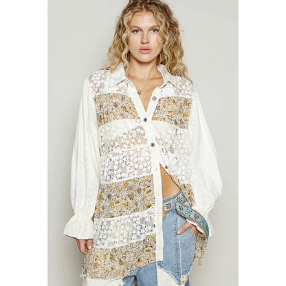 Balloon Sleeve Floral Print Lace Patch Shirt