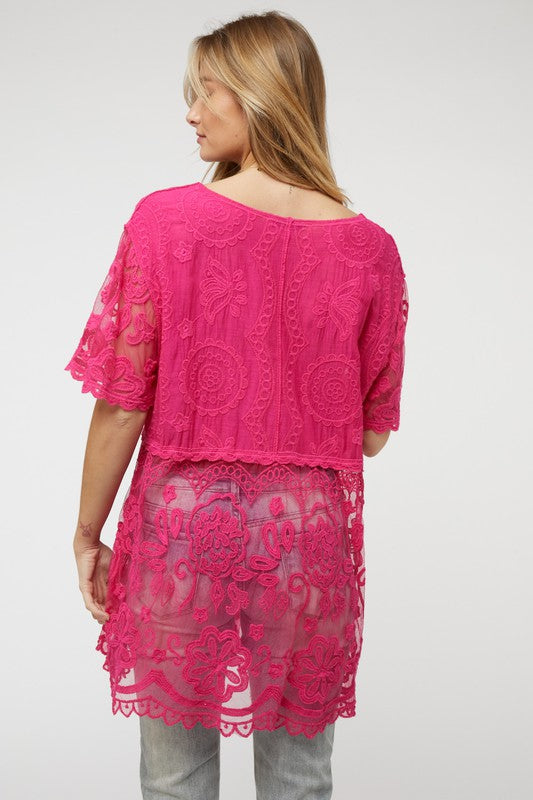 Sheer Crochet Lace Button Cover Up