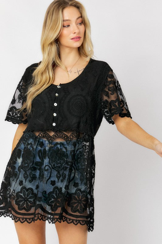 Sheer Crochet Lace Button Cover Up