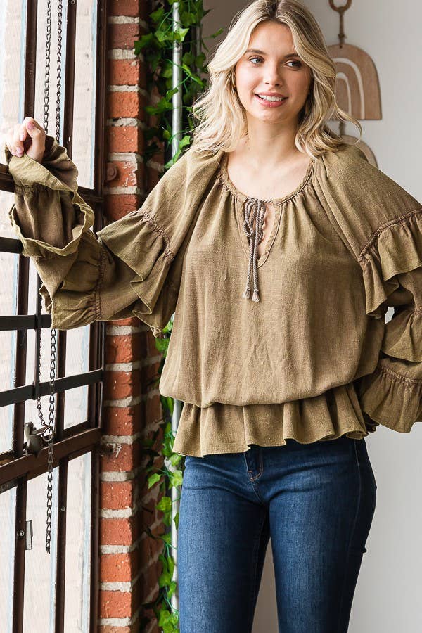 Washed Ruffle Sleeve Peplum Top