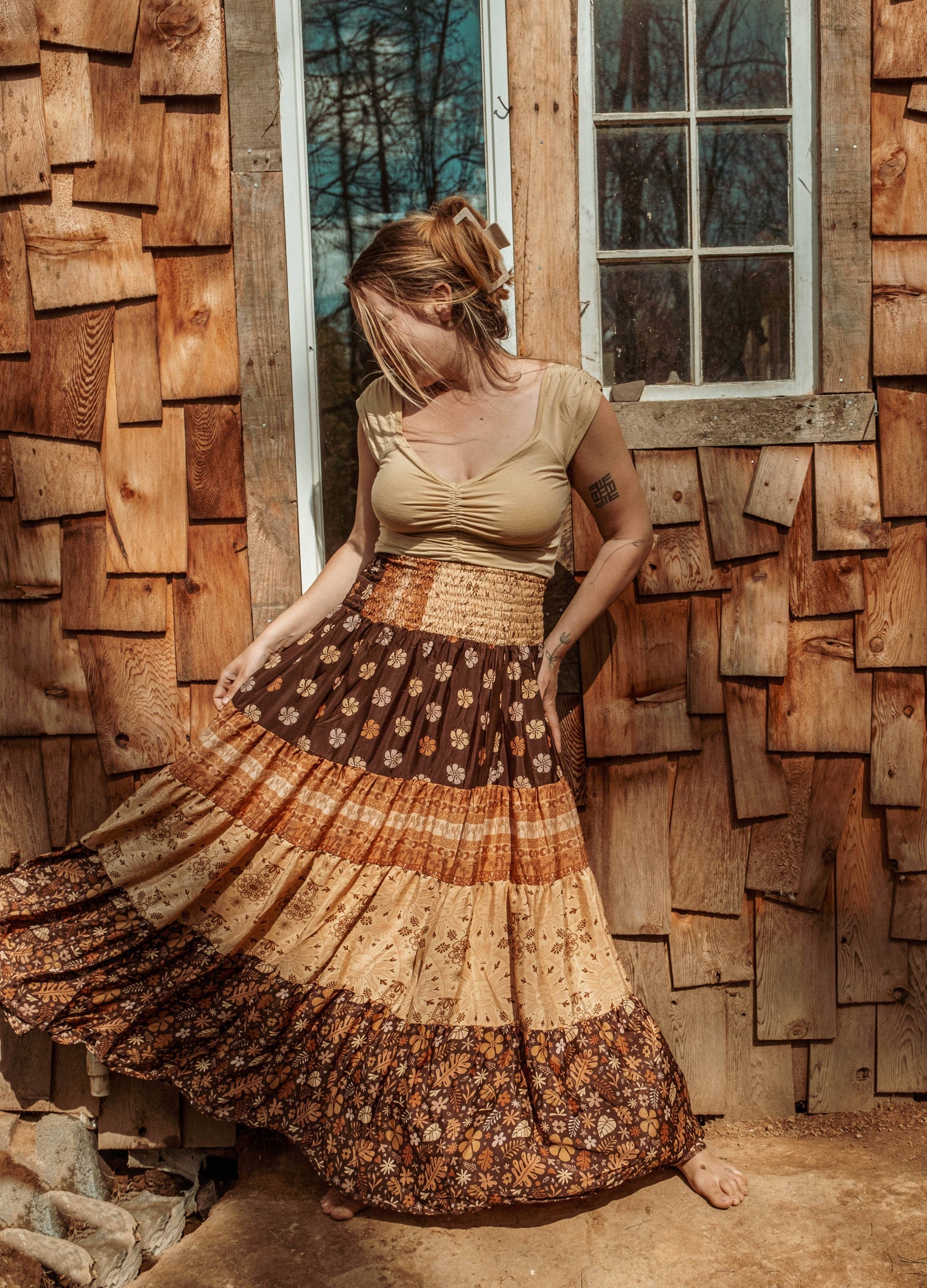 Bohemian Earthy Silk Tiered Maxi Skirt