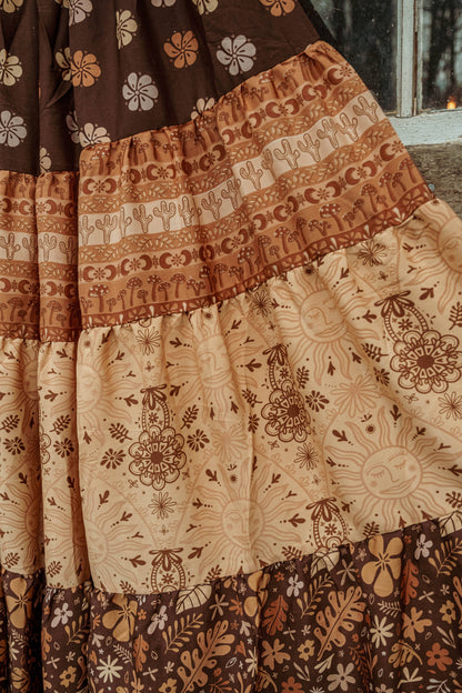 Bohemian Earthy Silk Tiered Maxi Skirt