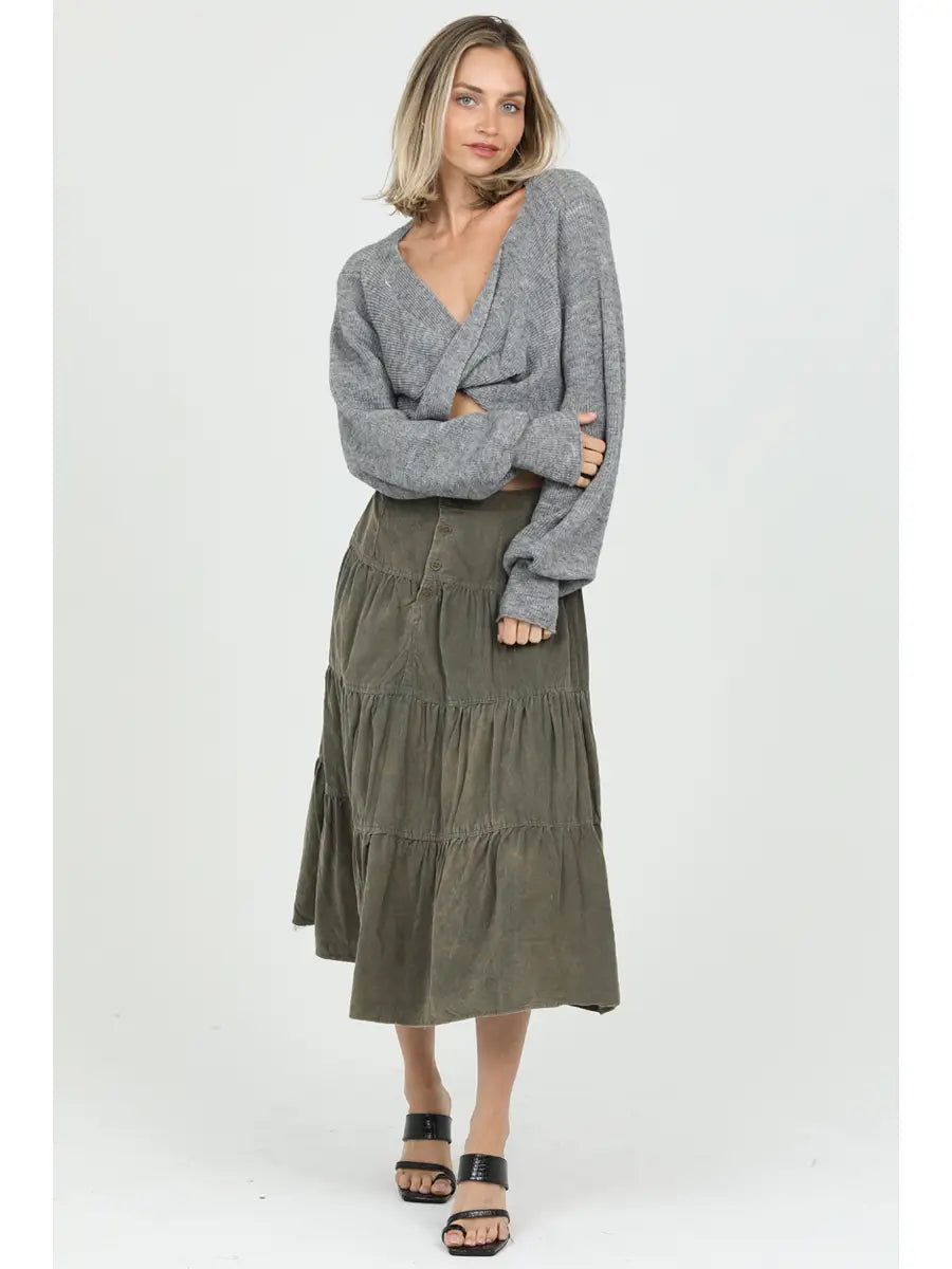 Button Front Tiered Corduroy Skirt