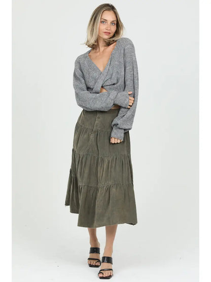 Button Front Tiered Corduroy Skirt