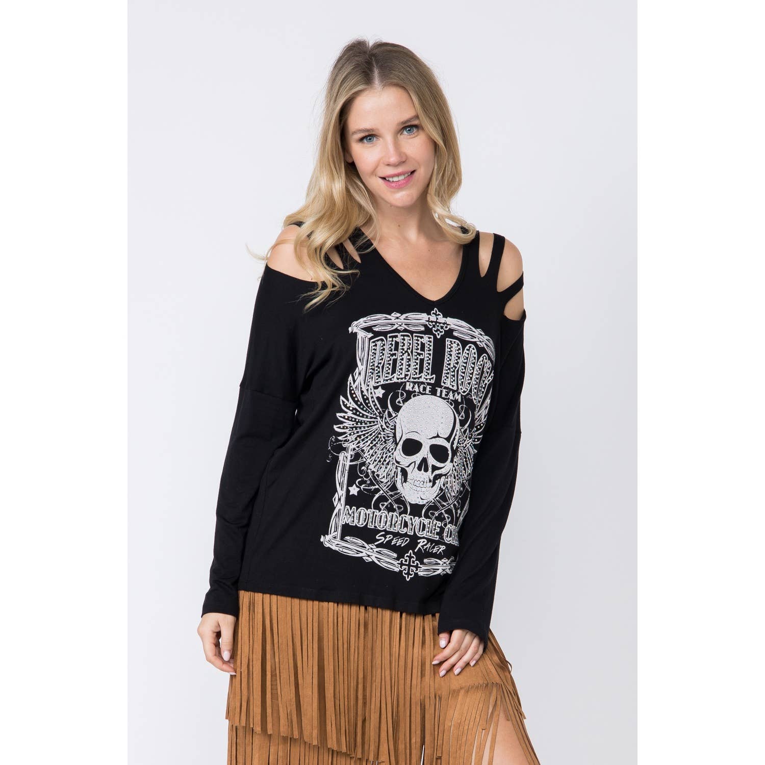 Long T-Shirt With Rhinestone Skull